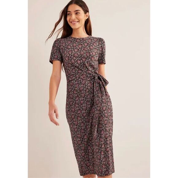 Boden Knot Front Jersey Midi Dress Black Block Paisley Ruched Tie Side Womens 12 - Picture 1 of 12